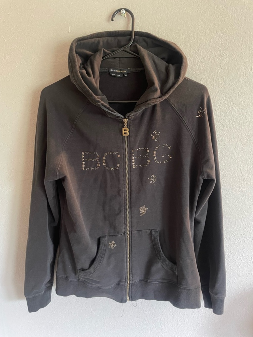 BCBGMaxAzria Black Studded-Logo Zip Hoodie